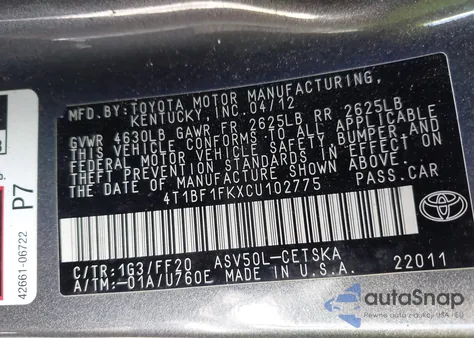 2012 Toyota Camry Se z USA, uszkodzony, nr VIN 4T1BF1FKXCU102775